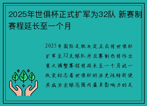 2025年世俱杯正式扩军为32队 新赛制赛程延长至一个月
