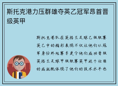 斯托克港力压群雄夺英乙冠军昂首晋级英甲
