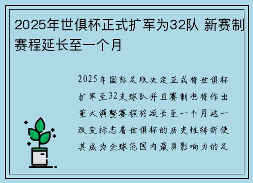 2025年世俱杯正式扩军为32队 新赛制赛程延长至一个月 2025年世俱杯正式扩军为32队 新赛制赛程延长至一个月