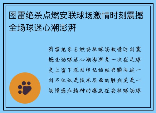 图雷绝杀点燃安联球场激情时刻震撼全场球迷心潮澎湃