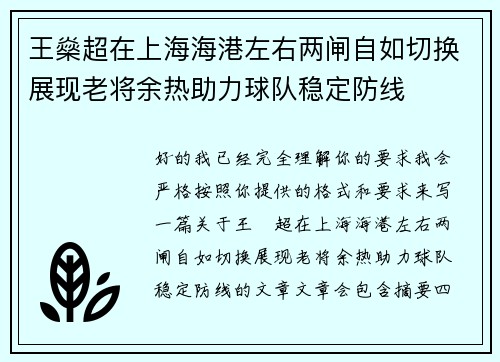 王燊超在上海海港左右两闸自如切换展现老将余热助力球队稳定防线